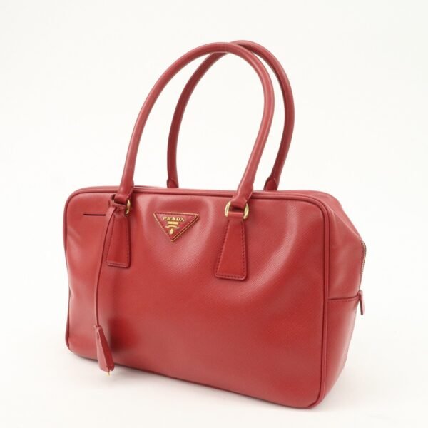 PRADA Triangle Logo Saffiano Leather Boston Bag Hand Bag Red BL0095 Used