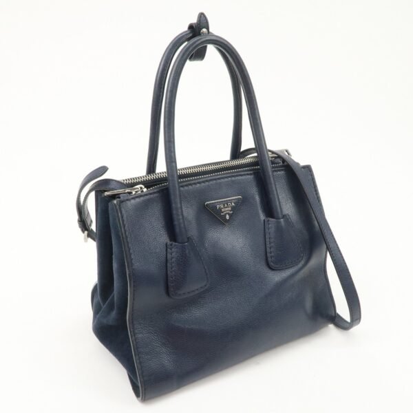 PRADA Triangle Logo Leather 2Way Bag Tote Bag Hand Bag Navy B2625M