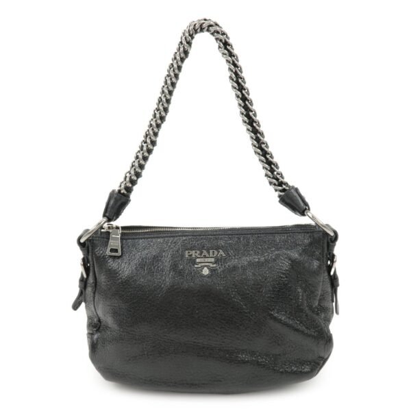 PRADA Logo Leather Chain Shoulder Bag Hand Bag Black BR4370 Used
