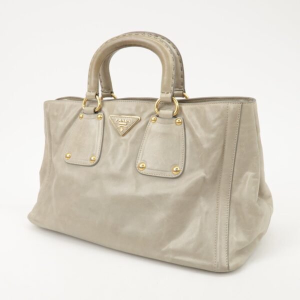 PRADA Triangle Logo Leather 2Way Bag Tote Bag Gray BN2104 Used