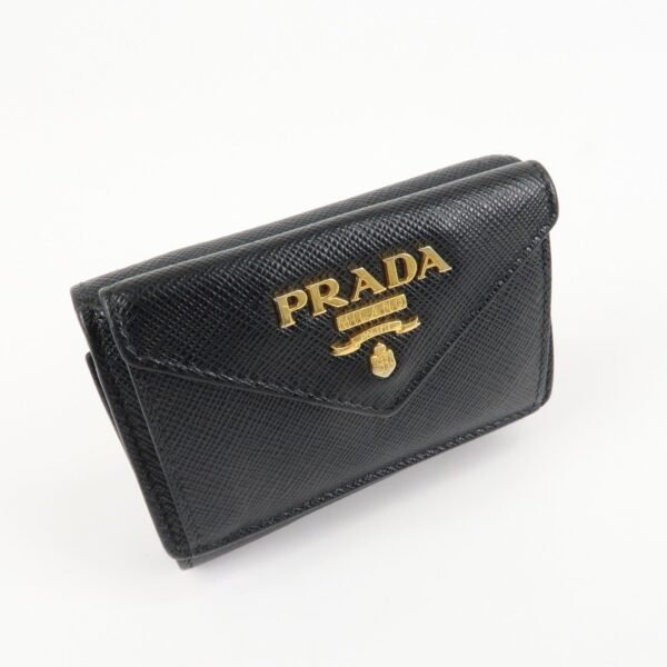 PRADA Saffiano Leather Tri-fold Wallet Black Gold Hardware 1MH021 Used