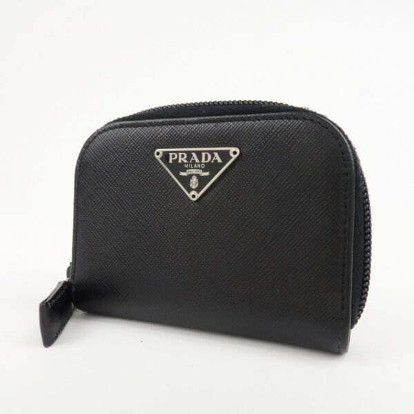 PRADA Triangle Logo Saffiano Leather Round Zippy Coin Case Black